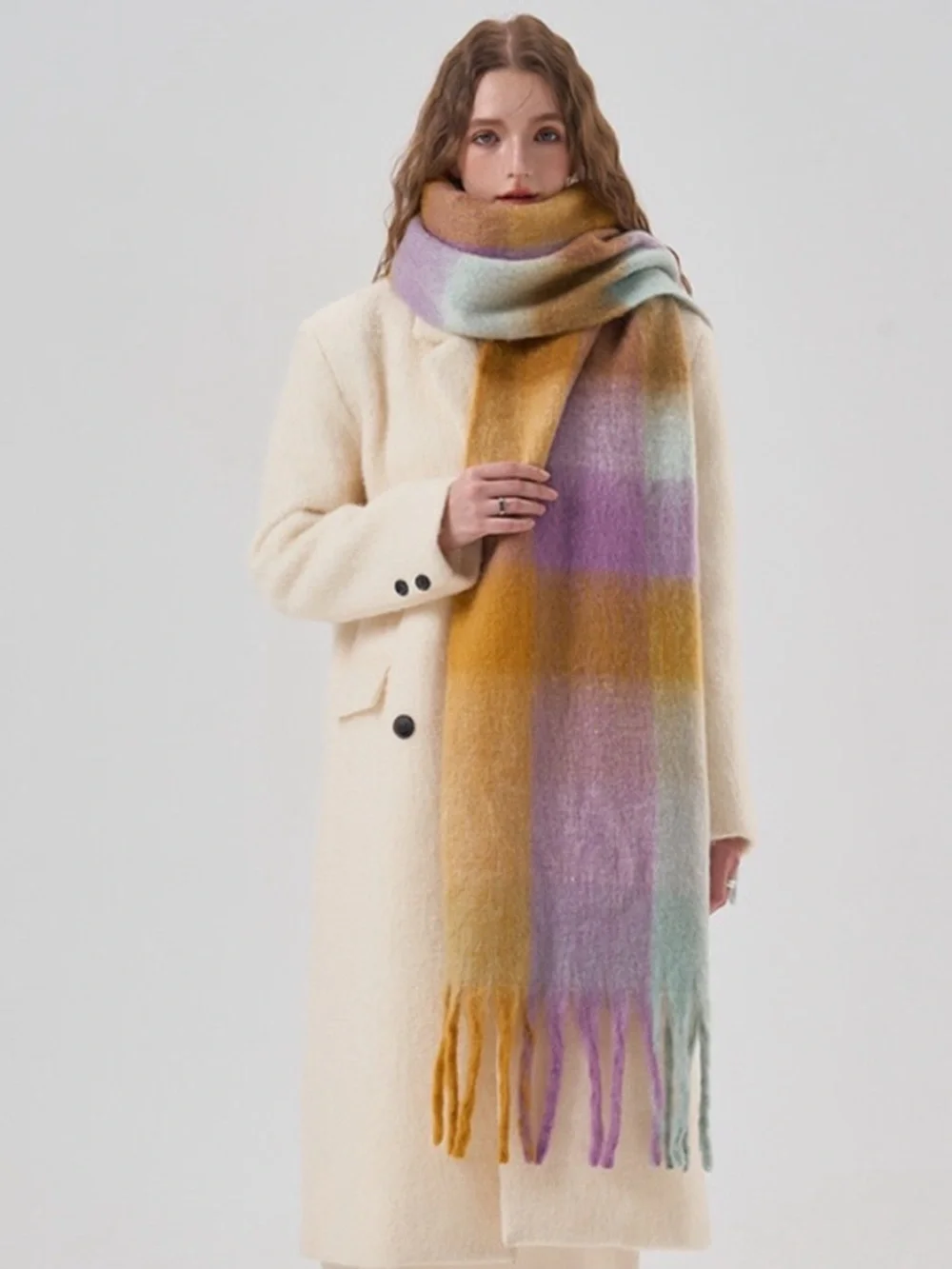 ERICA SHAMROCK Oversized Cozy Plaid Fringe Scarf in Blue, Orange & Gray